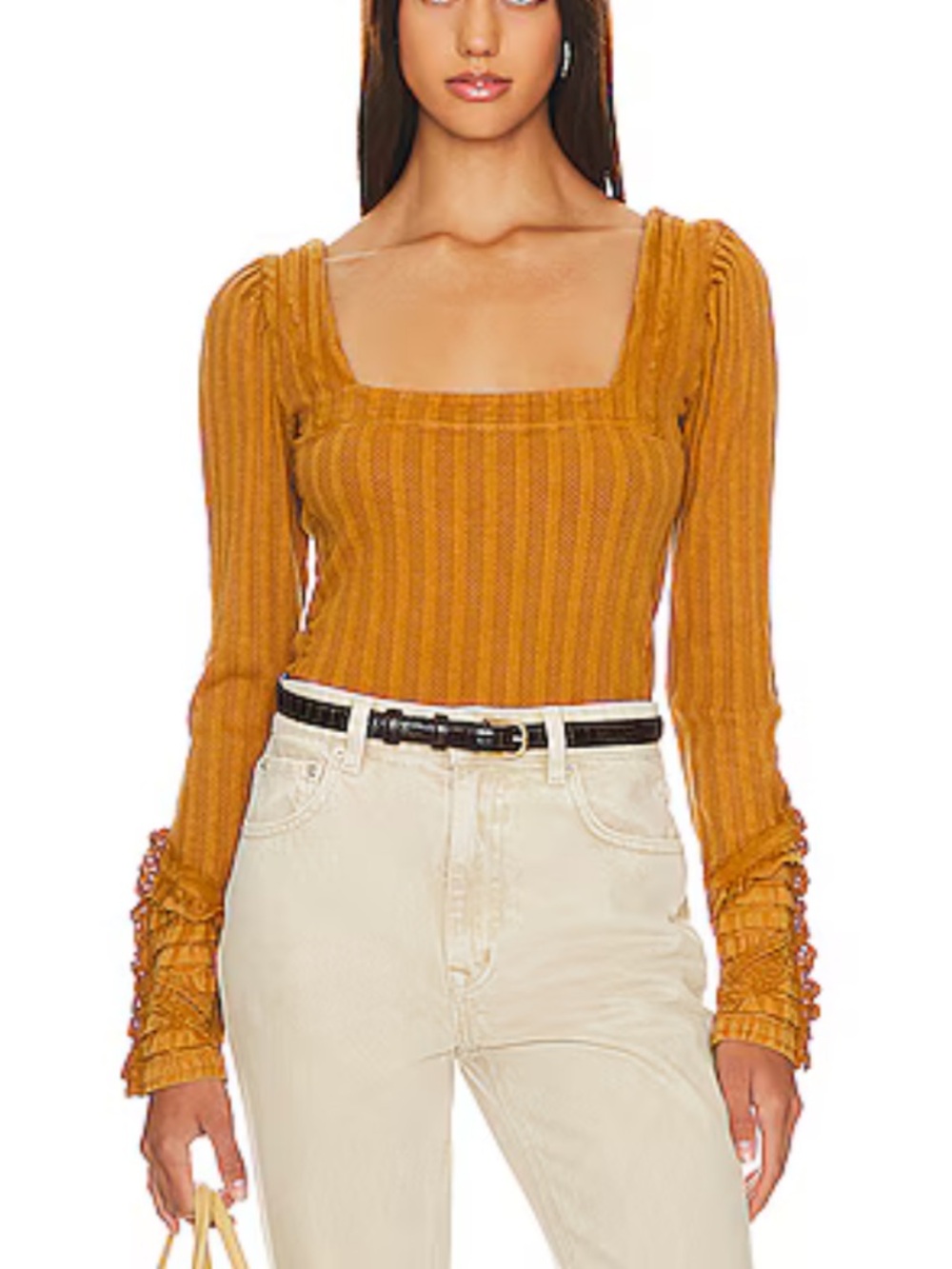 Free People Ribbed Square Neck Long Sleeve Top